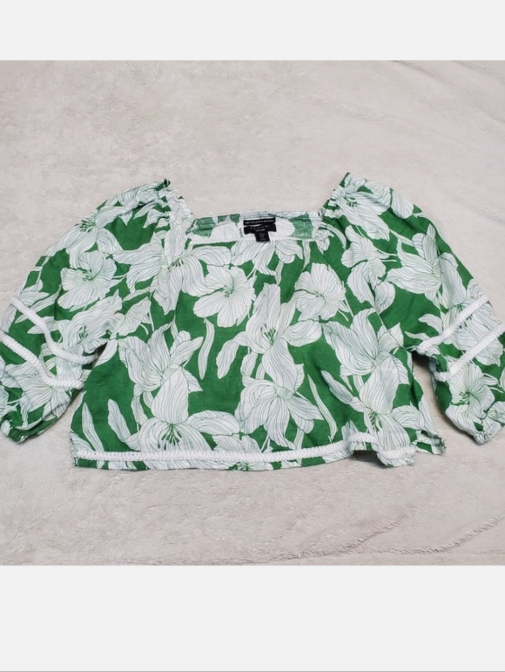 Tahari Green White Hawaiian Linen Cropped Blouse XL Flowy Casual Beach Summer‎